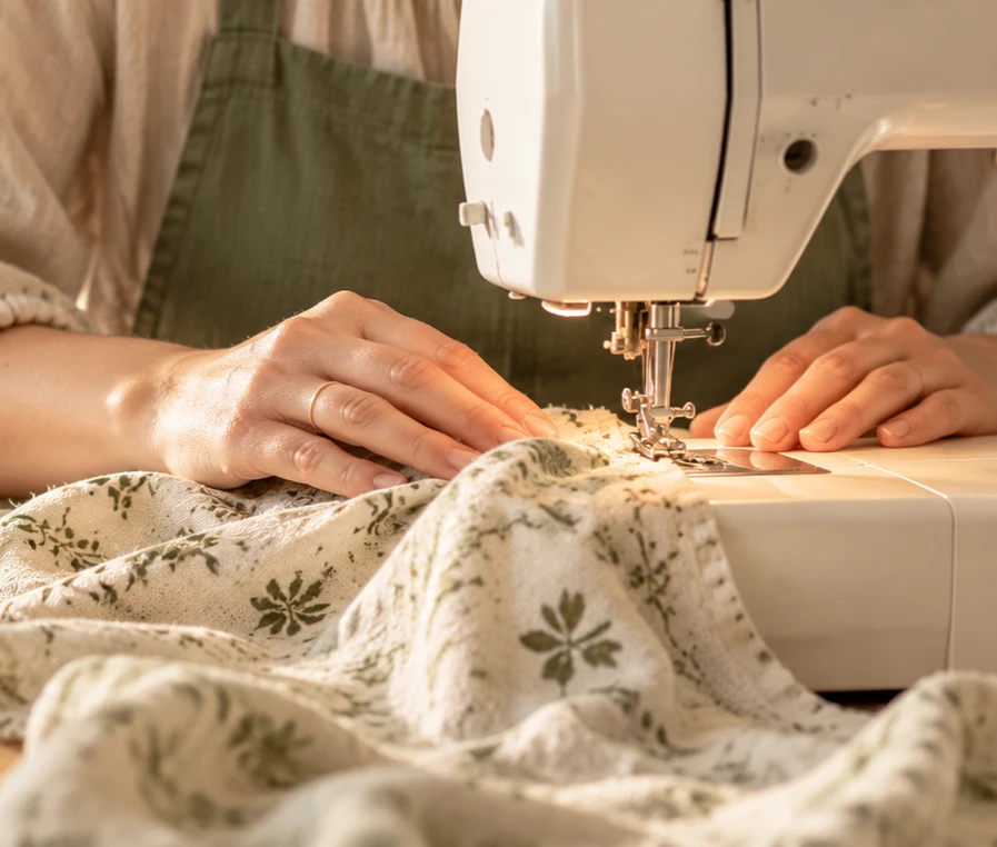 Hands working with fabric and sewing machine